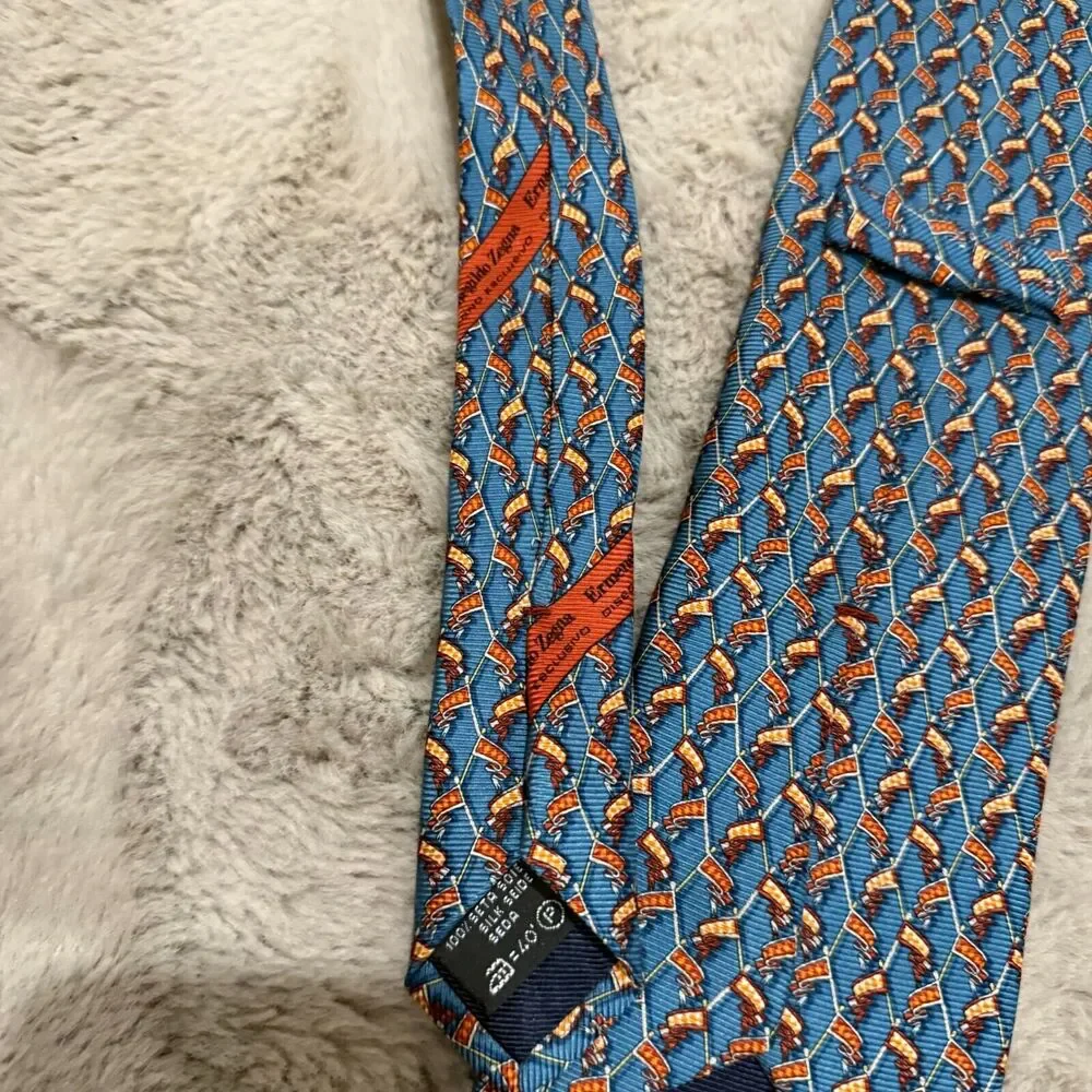 Ermenegildo Zegna‎ Made in Italy Silk Tie Blue with Polo Mallet Pattern Designer
